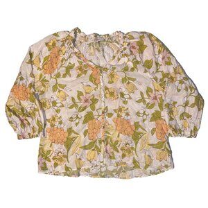 Casacabana Floral Green & Orange Grapes Long Sleeve Button Up Ruffle Shirt - L
